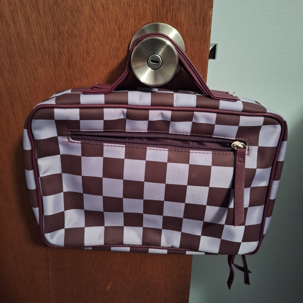 Tender Love + Carry Checkered Burgandy And Lavendaer Travel Cosmetic Hanging Bag